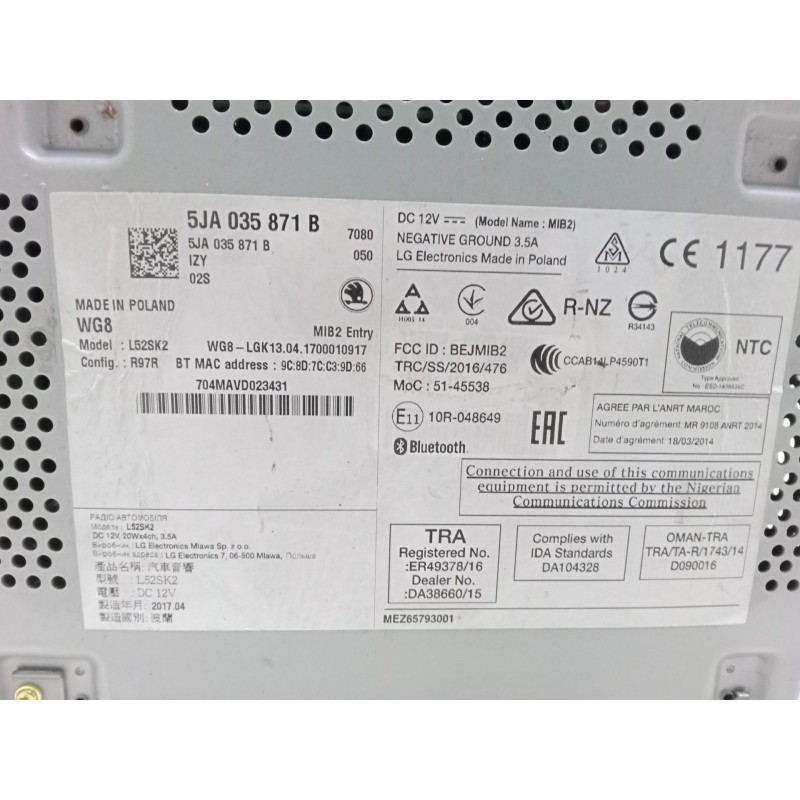 Recambio de radio cd para skoda rapid (nh3, nk3, nk6) 1.6 tdi referencia OEM IAM 5JA035871B   Recambio de radio cd para skoda rapid (nh3, nk3, nk6) 1.6 tdi referencia OEM IAM 5JA035871B