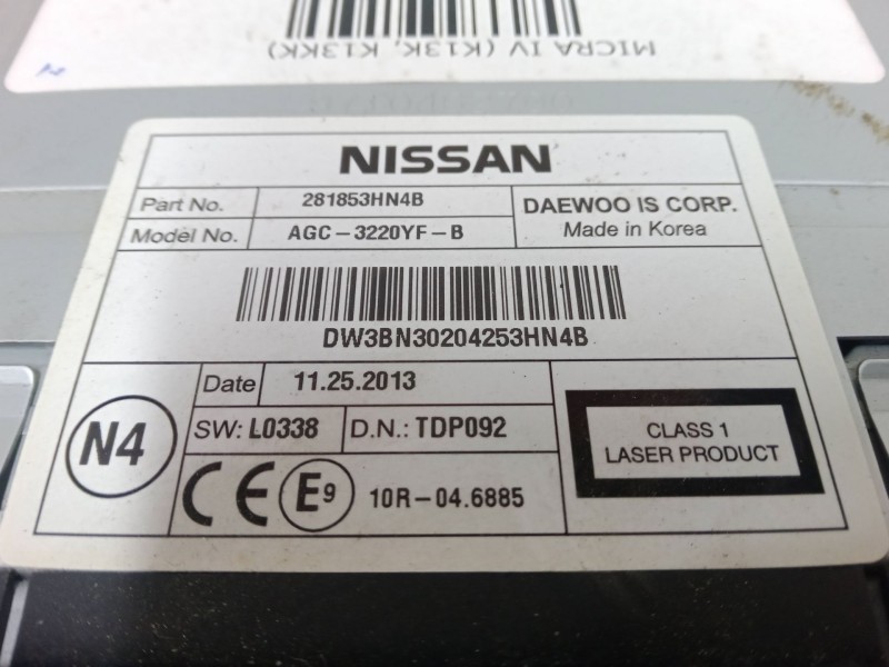 Recambio de radio cd para nissan micra iv (k13k, k13kk) 1.2 referencia OEM IAM 281853HN4B  