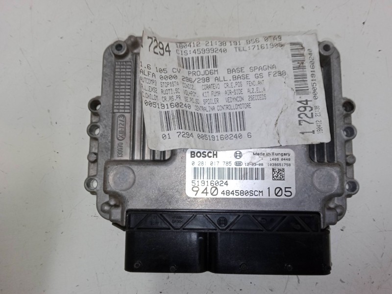 Recambio de centralita motor uce para alfa romeo giulietta (940_) 1.6 jtdm (940fxd1a) referencia OEM IAM 51916024  0281017785