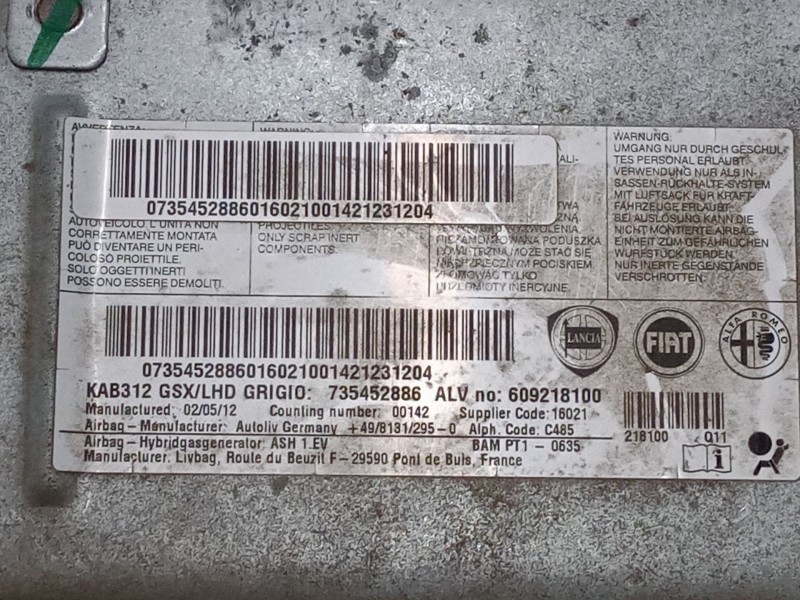 Recambio de airbag de rodilla para fiat 500 (312_) 1.3 d multijet (312axb1a) referencia OEM IAM 735452886  609218100