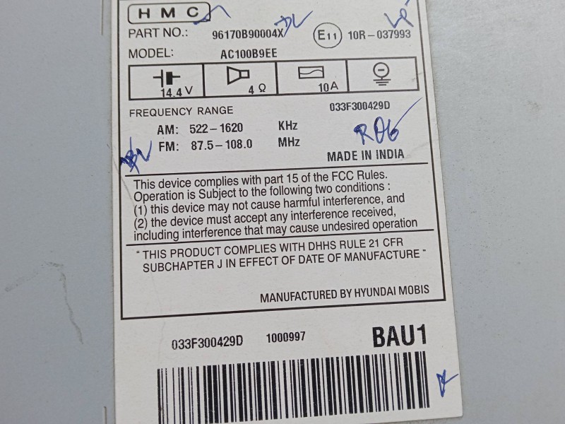 Recambio de radio cd para hyundai i10 ii (ba, ia) 1.0 referencia OEM IAM 96170B90004X  