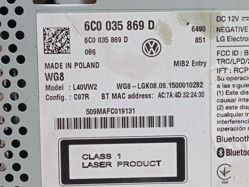 Recambio de radio pantalla para volkswagen polo v (6r1, 6c1) 1.0 referencia OEM IAM 6C0035869D  