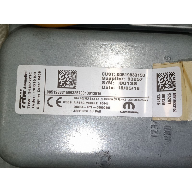 Recambio de airbag salpicadero para jeep renegade suv (bu, b1, bv) 1.6 crd referencia OEM IAM 00519833150  34187721C