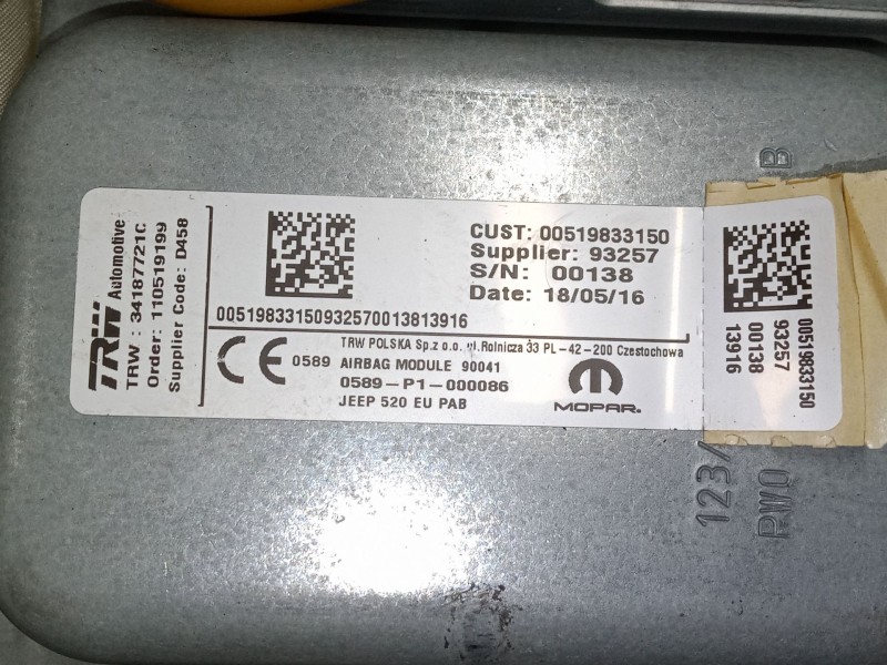 Recambio de airbag salpicadero para jeep renegade suv (bu, b1, bv) 1.6 crd referencia OEM IAM 00519833150  34187721C