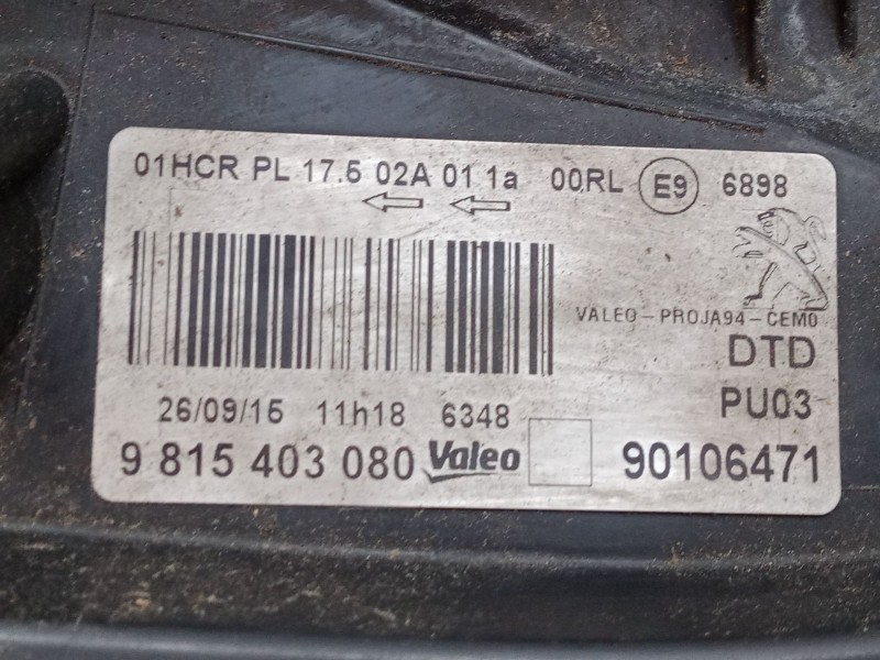 Recambio de faro derecho para peugeot 2008 i (cu_) 1.2 thp 110 / puretech 110 referencia OEM IAM 9815403080  