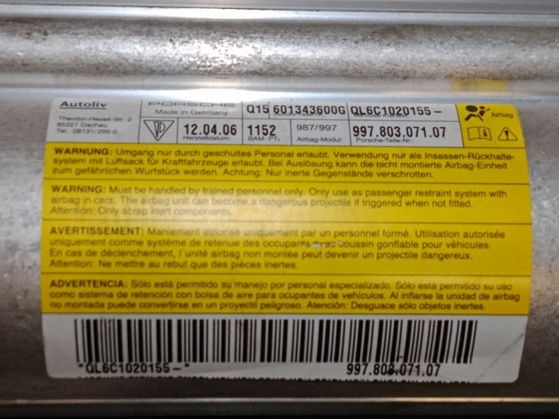Recambio de airbag salpicadero para porsche cayman (987) s 3.4 referencia OEM IAM 99780307107  601343600G