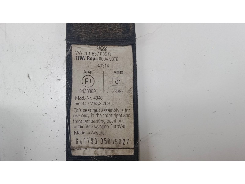 Recambio de cinturon seguridad delantero derecho para volkswagen transporter t4 furgoneta (70a, 70h, 7da, 7dh) 1.9 d referencia 