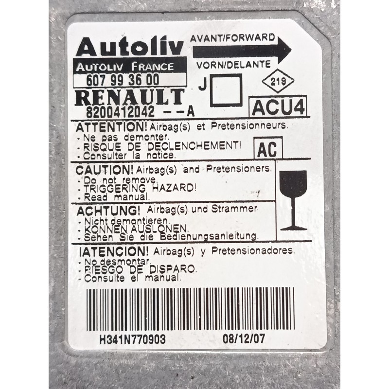 Recambio de centralita airbag para renault scénic ii (jm0/1_) 1.5 dci (jm1e, jm16) referencia OEM IAM 8200412042 607993600 