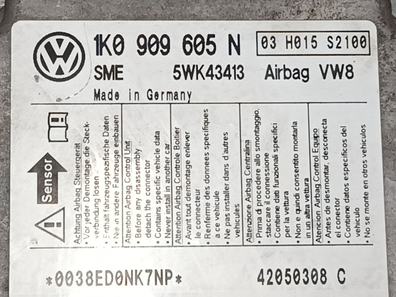 Recambio de centralita airbag para seat altea (5p1) 2.0 tdi referencia OEM IAM 1K0909605N 5WK43413 