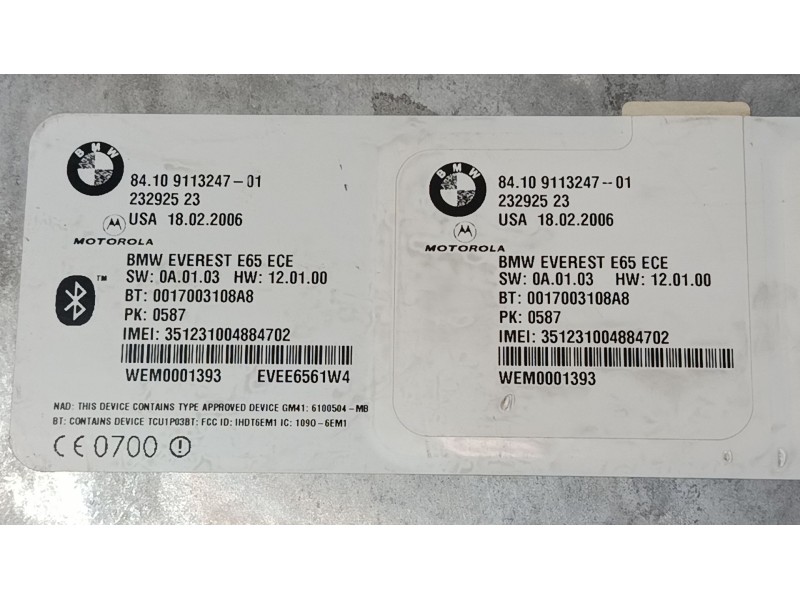 Recambio de centralita bluetooth para bmw 7 (e65, e66, e67) 730 i, li referencia OEM IAM 8410911324701  