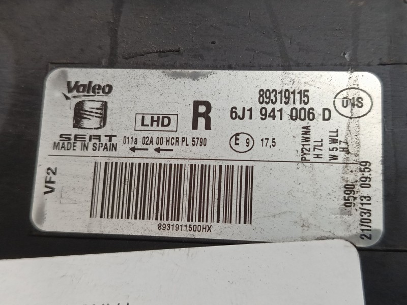Recambio de faro derecho para seat ibiza iv sc (6j1, 6p5) 1.4 referencia OEM IAM 6J1941006D  