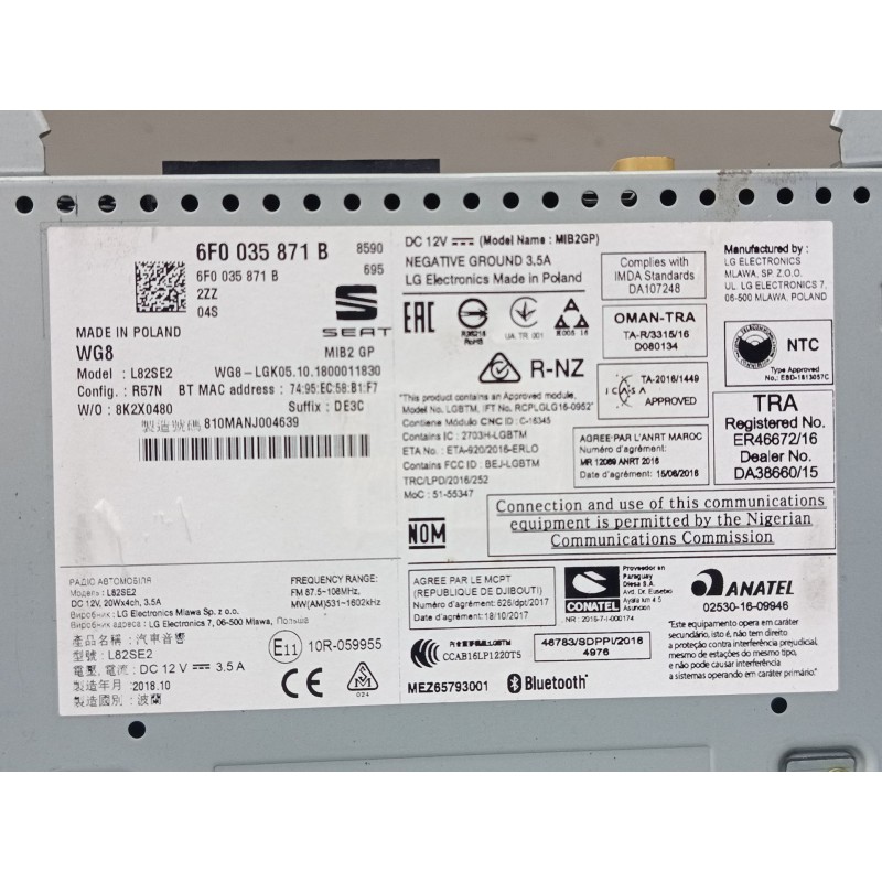 Recambio de pantalla multifuncion para seat ibiza v (kj1, kjg) 1.0 mpi referencia OEM IAM 6F0035871B  