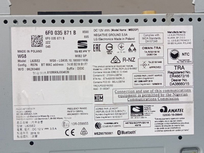 Recambio de pantalla multifuncion para seat ibiza v (kj1, kjg) 1.0 mpi referencia OEM IAM 6F0035871B  