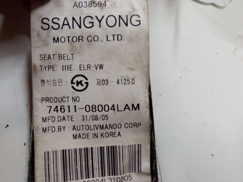 Recambio de cinturon seguridad delantero derecho para ssangyong rexton / rexton ii (gab_) 2.7 xdi referencia OEM IAM 7461108004L