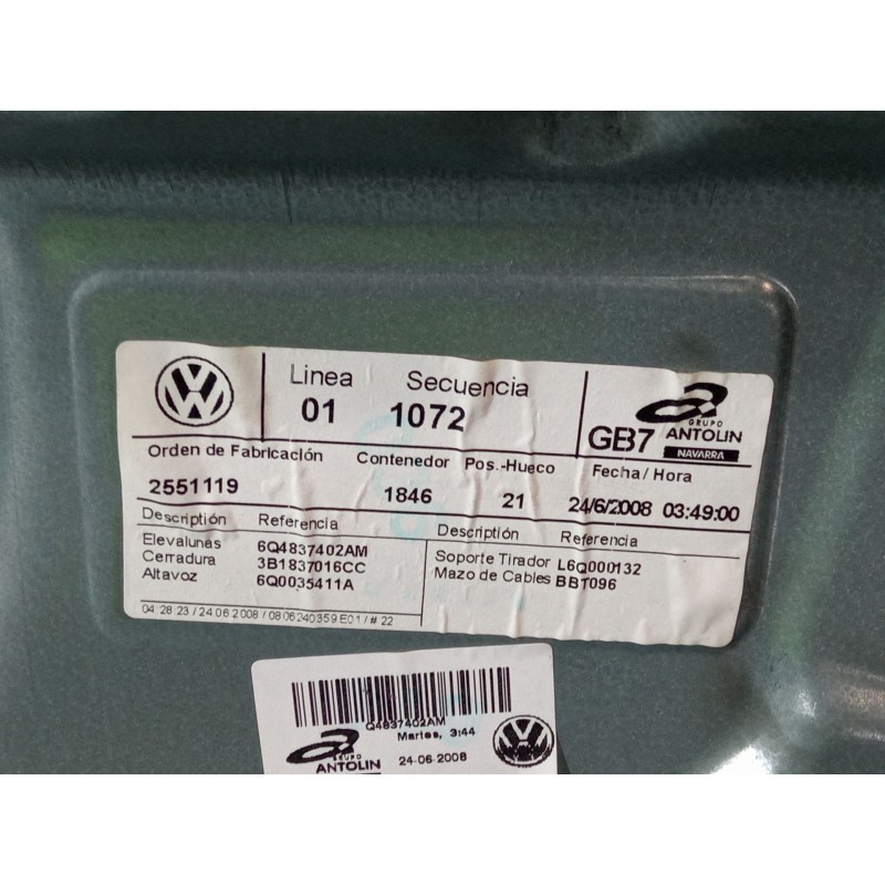 Recambio de elevalunas electrico delantero derecho para volkswagen polo iv (9n_, 9a_) 1.4 tdi referencia OEM IAM 6q4837402am  