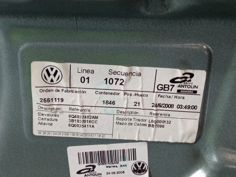 Recambio de elevalunas electrico delantero derecho para volkswagen polo iv (9n_, 9a_) 1.4 tdi referencia OEM IAM 6q4837402am  