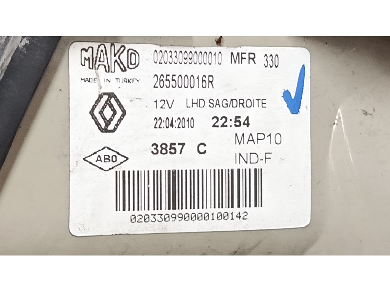 Recambio de piloto trasero derecho para renault fluence (l3_) 1.5 dci (l30b) referencia OEM IAM 265500016R  