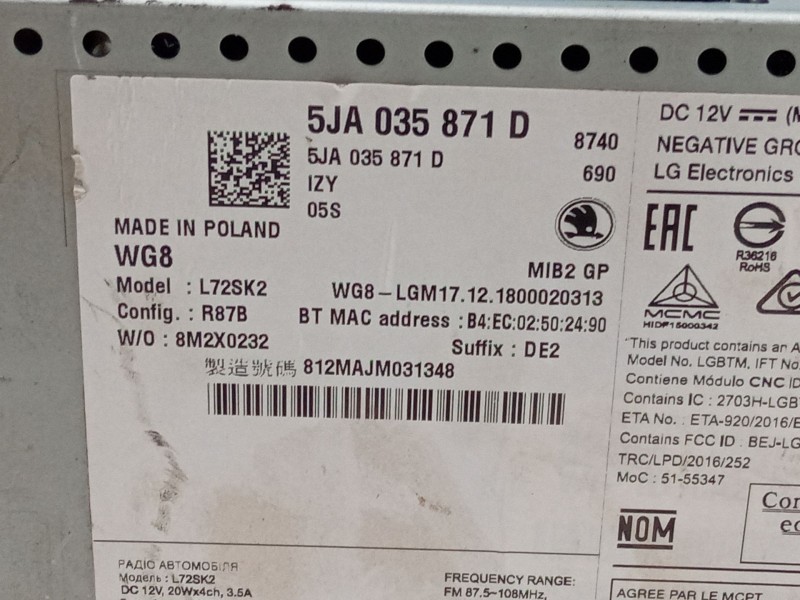 Recambio de pantalla multifuncion para skoda rapid spaceback (nh1) 1.0 tsi referencia OEM IAM 5JA035871D  