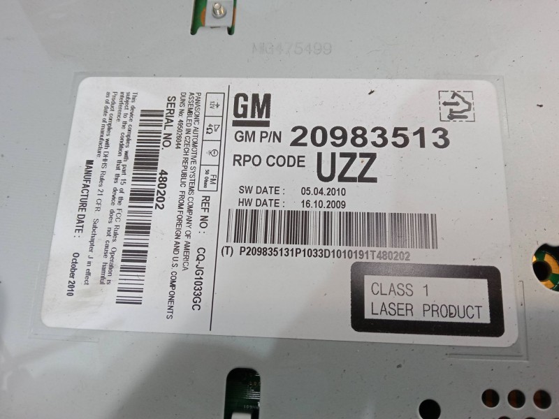 Recambio de radio cd para opel astra j (p10) 1.6 (68) referencia OEM IAM 20983513  